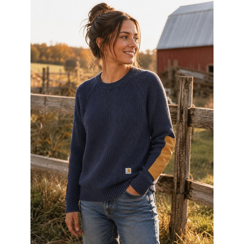 Carhartt Womens L 12 14 Navy Knit Pullover Sweater Elbow Patch Workwear Rugged - Picture 2 of 13